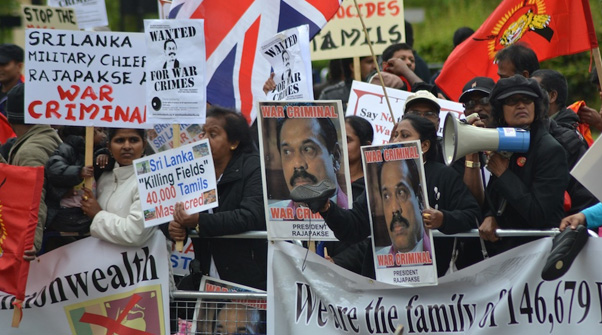 A meeting in the City of London, due to have been addressed on Wednesday morning by the president of Sri Lanka, has been cancelled, owing to concerns over policing amid the threat of large demonstrations by Tamil rights groups. But Mahinda Rajapakse – whose presidency has been tainted by persistent allegations of war crimes committed by Sri Lankan armed forces – will still attend a lunch for the Queen, hosted by the Commonwealth secretary general at Marlborough House on Pall Mall. The president was first to have given the keynote speech at a special Diamond Jubilee meeting of the Commonwealth Economic Forum, at 10am. On its website, the event’s organisers, the Commonwealth Business Council, simply states that “After careful consideration, the morning sessions of the Forum… will not take place.” It had pre-sold tickets to the event at £795 +VAT each.
